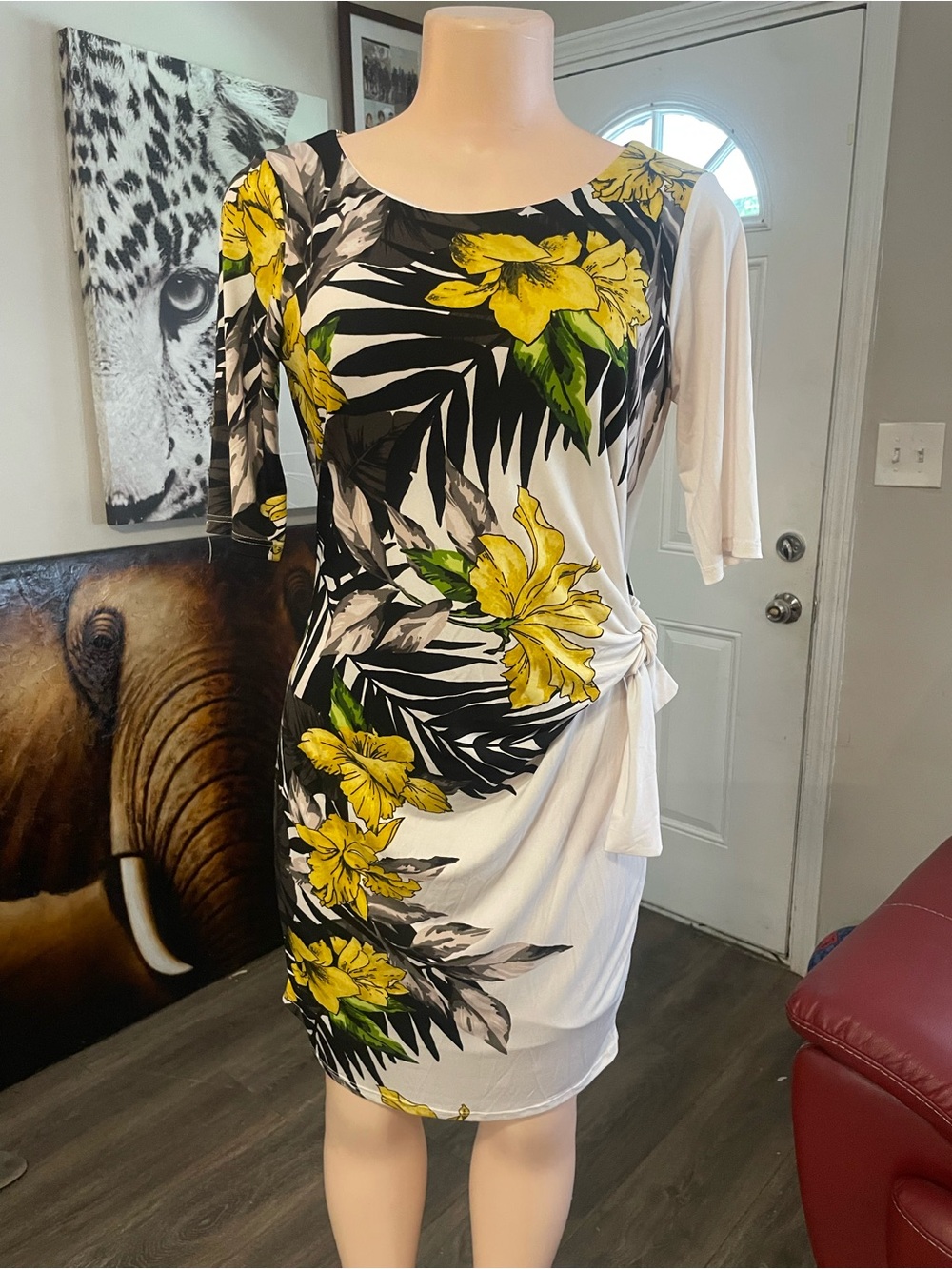 DressBarn tropical Floral Tie-Side Sheath Dress in Yellow & Black summer 4 vaca